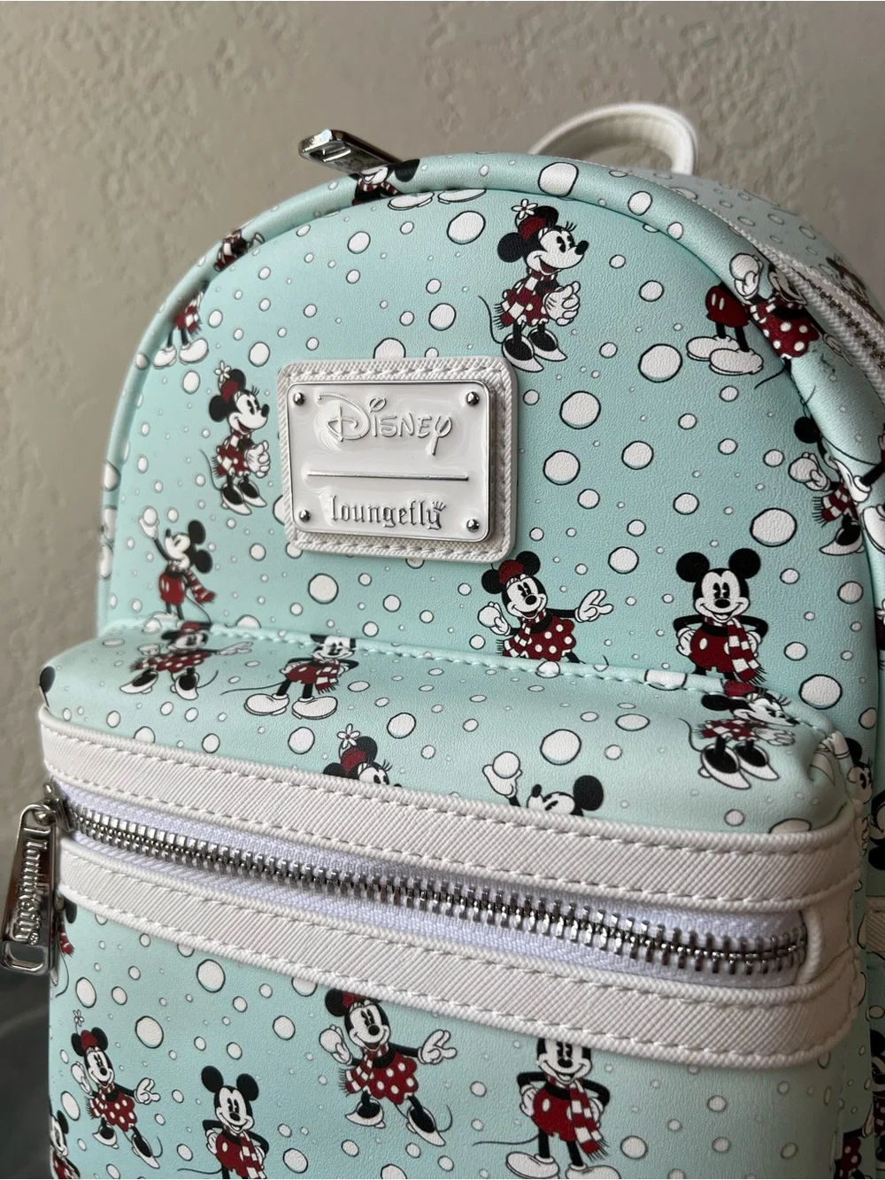 NWT Loungefly Disney Mickey & Minnie Mouse Snowball Fight AOP Mini Backpack